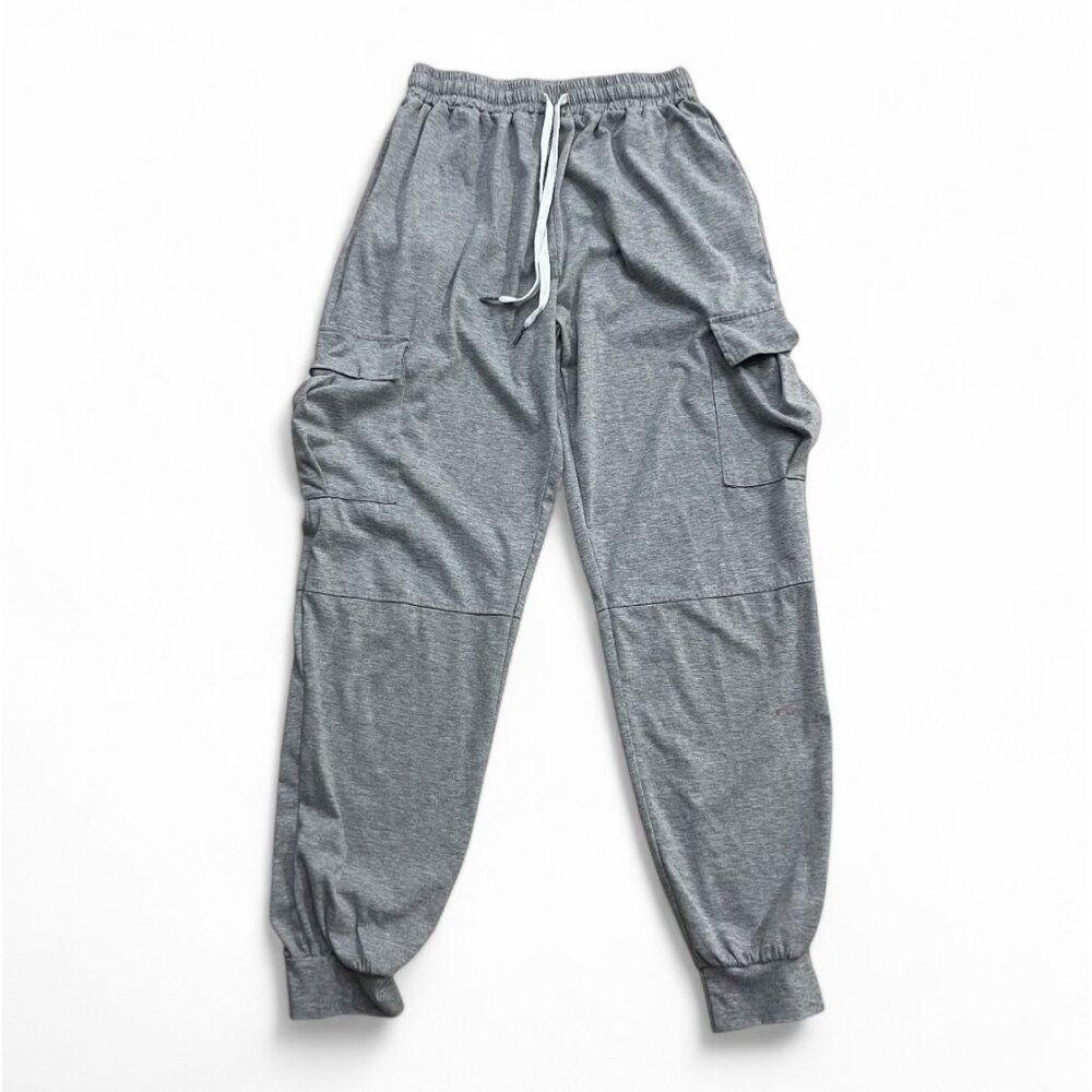 Akalnny Light Gray Elastic Waist Cargo Jogger Pants With Drawstring & Pockets